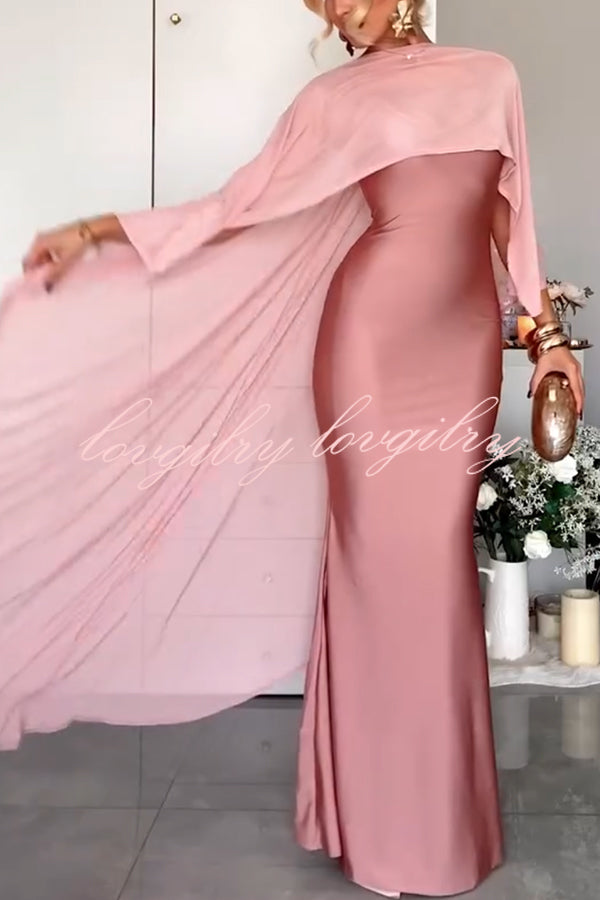 Party Charm Satin Sheer Chiffon High Low Cape Slip Maxi Dress