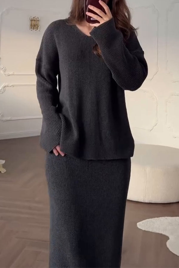 Solid Color Long-sleeved V-neck Casual Knitted Sweater and Elegant Maxi Skirt Set