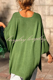Fashion V-neck Loose Pocket Mid-length Knitted Sweater