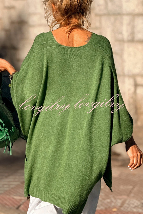 Fashion V-neck Loose Pocket Mid-length Knitted Sweater