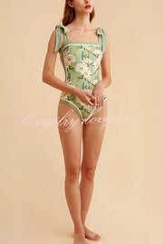 Sherry Vintage Style Floral Printed Reversible Tie Shoulder Stretch One-piece Swimsuit