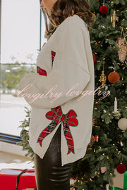 Merry Plaid Embroidered Bow Long-Sleeve Loose Sweatshirt