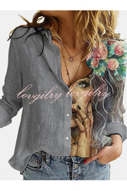 Figure Print Button Design Long Sleeve Casual Blouse