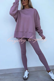 Solid Color Loose Long Sleeve SlitSweatshirt and Elastic Waist Tight Pants Set