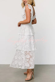 Lace V-neck Ruffled Sleeves Cinched Waist Maxi Dress