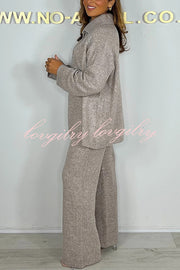 Solid Color Lapel Long-sleeved Loose Top and Elastic Waist Casual Pants Set