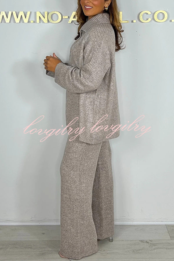 Solid Color Lapel Long-sleeved Loose Top and Elastic Waist Casual Pants Set