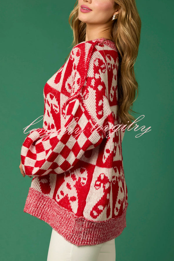 Christmas Candy Plaid Round Neck Long Sleeve Loose Knit Sweater