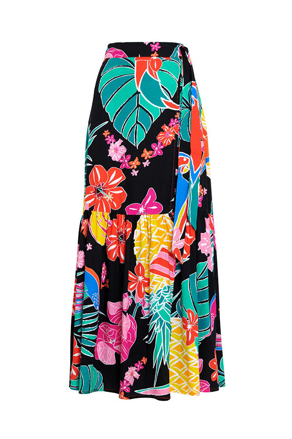 Tropical Flowers and Birds Print Loose Holiday Maxi Skirt