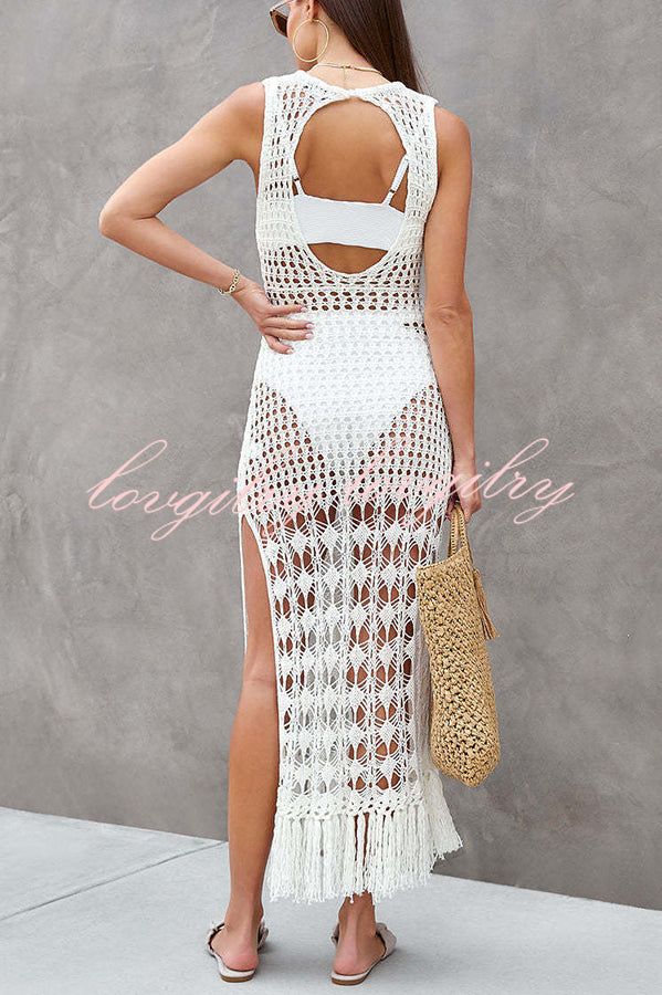 Sunset Cocktail Knit Crochet Tassel Trim Cover-up Maxi Dress