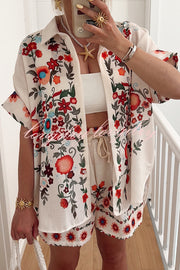 Linen Blend Floral Print Short Sleeve Loose Shirt and Elastic Waist Tie Casual Shorts Set