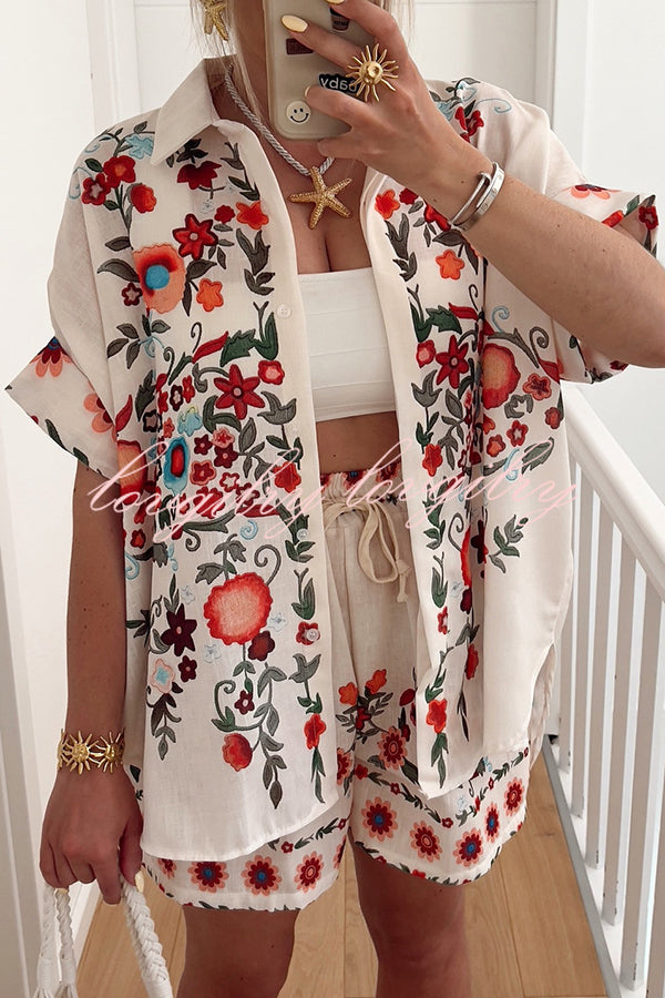 Linen Blend Floral Print Short Sleeve Loose Shirt and Elastic Waist Tie Casual Shorts Set
