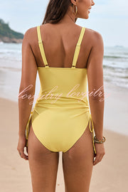 Solid Color Drawstring Waist Mesh One-Piece Bikini Swimsuit