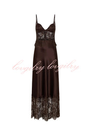 Elegant Evening Satin Lace Patchwork See-through Waist Slip Maxi Dress