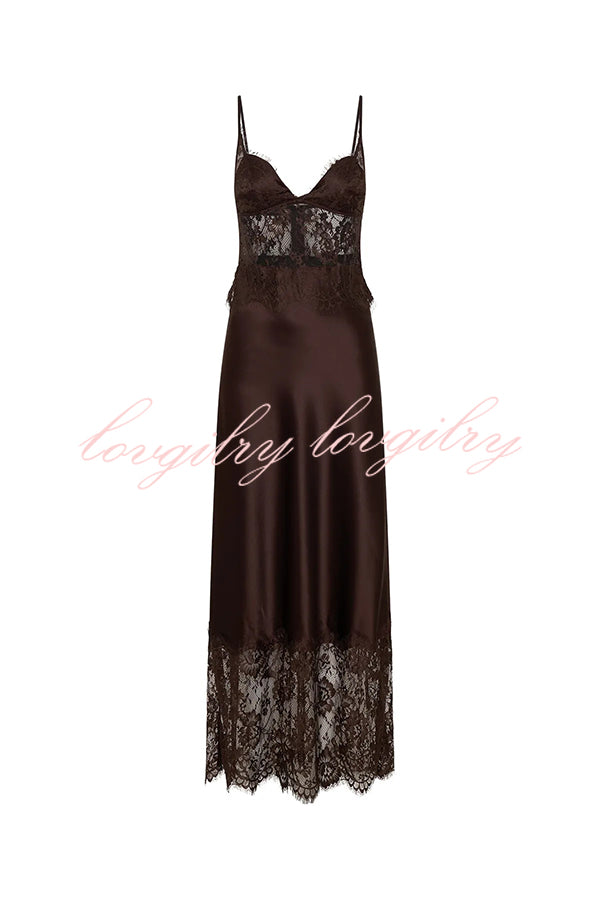 Elegant Evening Satin Lace Patchwork See-through Waist Slip Maxi Dress