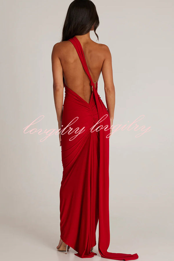 Sexy Backless Pleated Slim Solid Color Sleeveless Elegant Maxi Dress