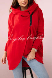 Solid Color Loose Hooded Zip-up Casual Sports Jacket