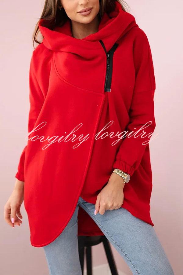 Solid Color Loose Hooded Zip-up Casual Sports Jacket