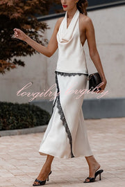 Iriena Satin Lace Trim Cowl Halter Neck Tank and Mid Rise Midi Skirt Set