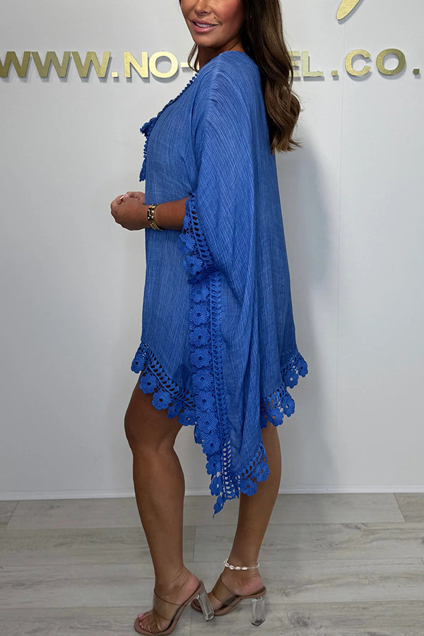 Solid Color Casual Lace Loose Cover Up Mini Dress