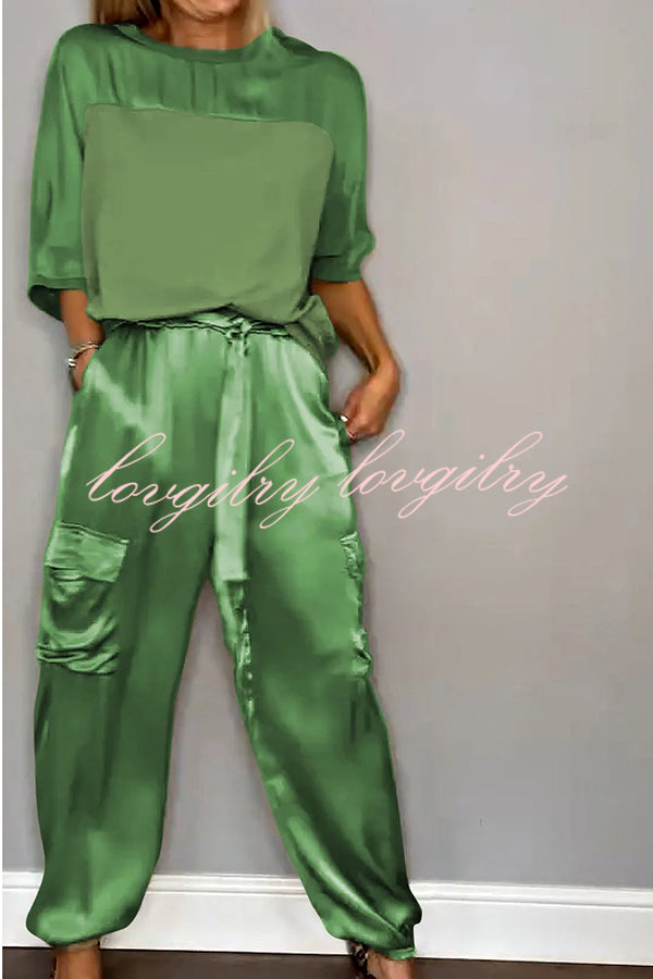 Calissa Smooth Satin Half-sleeved Top and Elastic Waist Pocket Pants Set