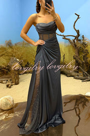 Essie Satin Rhinestone Patchwork Twist Waist Strapless Slit Maxi Dress