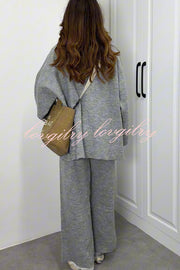 Solid Color Loose Long-sleeved Knit Top and Elastic Waist Casual Straight Leg Pants Set