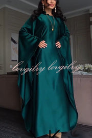 Dignified and Elegant Satin Batwing Sleeve with Waist Tie Design A-line Maxi Dress