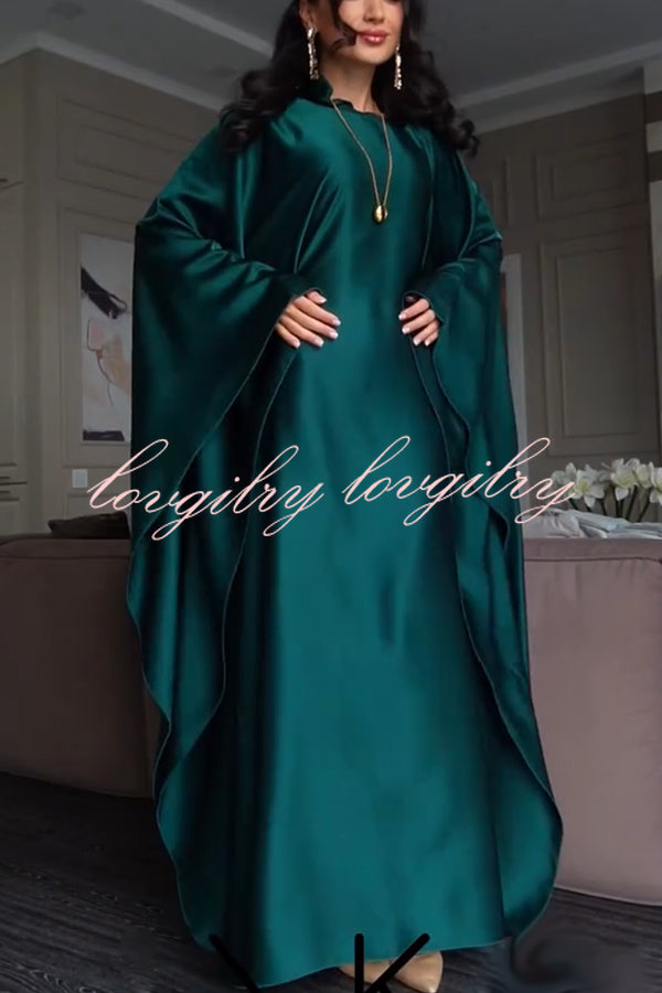 Dignified and Elegant Satin Batwing Sleeve with Waist Tie Design A-line Maxi Dress