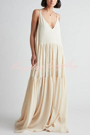 Beach Day Linen Blend Back Tie-up A-line Layered Maxi Dress