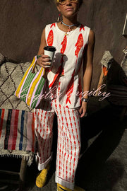 Good Luck Linen Blend Koi Pattern Metal Buttons Waisted Vest