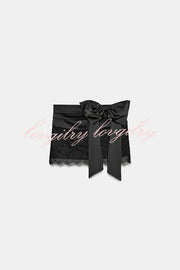Anna Satin Bow Appliqué Mid Rise Lace Hem Mini Skirt