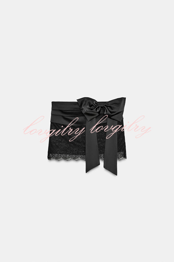 Anna Satin Bow Appliqué Mid Rise Lace Hem Mini Skirt