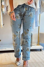 Floral Print Elastic Waist Casual Pocket Pants