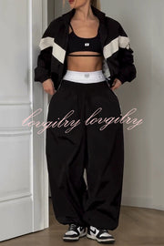 Fashionable Contrasting Long-sleeved Loose Coat and Elastic Waist Wide-leg Pants Set