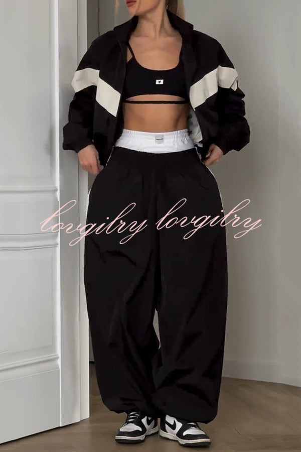 Fashionable Contrasting Long-sleeved Loose Coat and Elastic Waist Wide-leg Pants Set