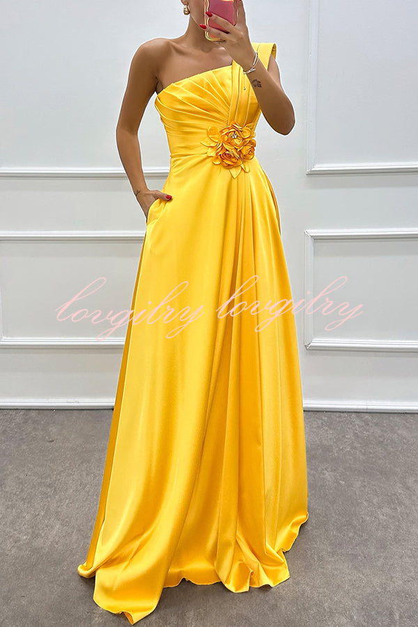 Nasha Satin Pleated One Shoulder Petal Gemstone Detail Pocket Slit Maxi Dress