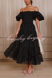 Solid Color Off-shoulder Lantern Sleeve Patchwork Midi Dress