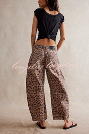 We The Free Denim Leopard Print Mid Rise Pocketed Barrel Jeans