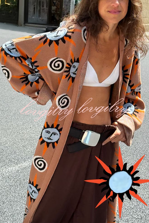 Mediterranean Art Knit Unique Sun Vortex Print Bell Sleeve Long Cardigan