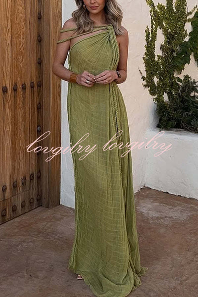 Island Soul Linen Blend One Shoulder Draped Braids Cover Up Maxi Dress