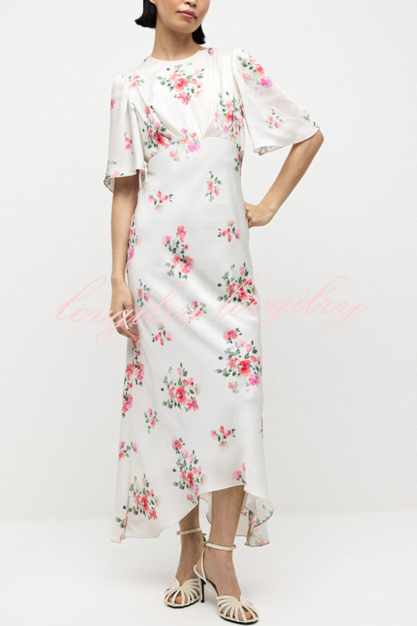City Life Satin Floral Print Bell Sleeve Fitted Silhouette Maxi Dress
