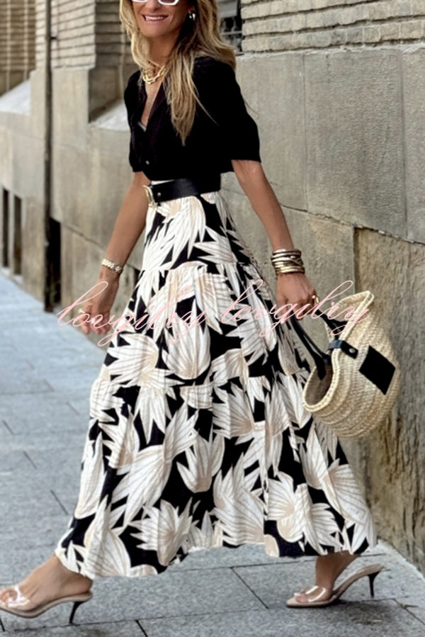 Resort Style Botanical Print Elastic Waist Loose Stitching Midi Skirt