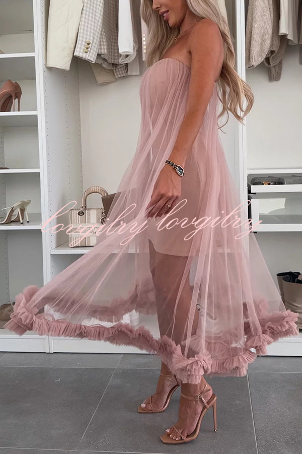 Fairytale Charm Tulle Off Shoulder Ruffles Trim A-line Midi Dress