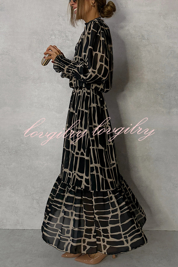 Unique Printed V-neck Tie-up Waist Long-sleeve Maxi Dress