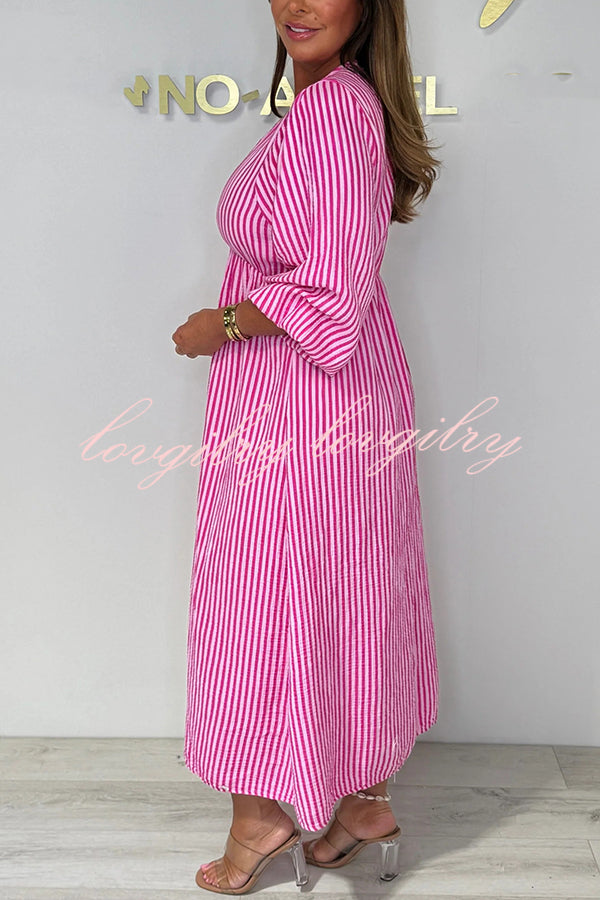 Striped Print V-Neck Long Sleeve Casual Loose Maxi Dress