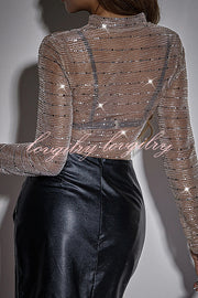 Shiny Mesh Sheer Crew Neck Long Sleeve Bodysuit Top