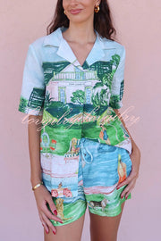 Pool Parties Linen Blend Unique Print Short Sleeve Shirt and Elastic Waist Pocket Shorts Set