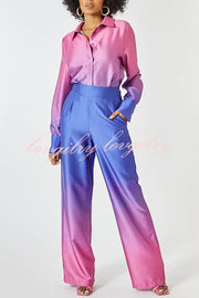 Gradient Long-sleeved Shirt Top and Loose-fitting Pocket Straight-leg Pants Set