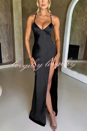 Satin Solid Color Sexy Backless Lace Up High Slit Maxi Dress